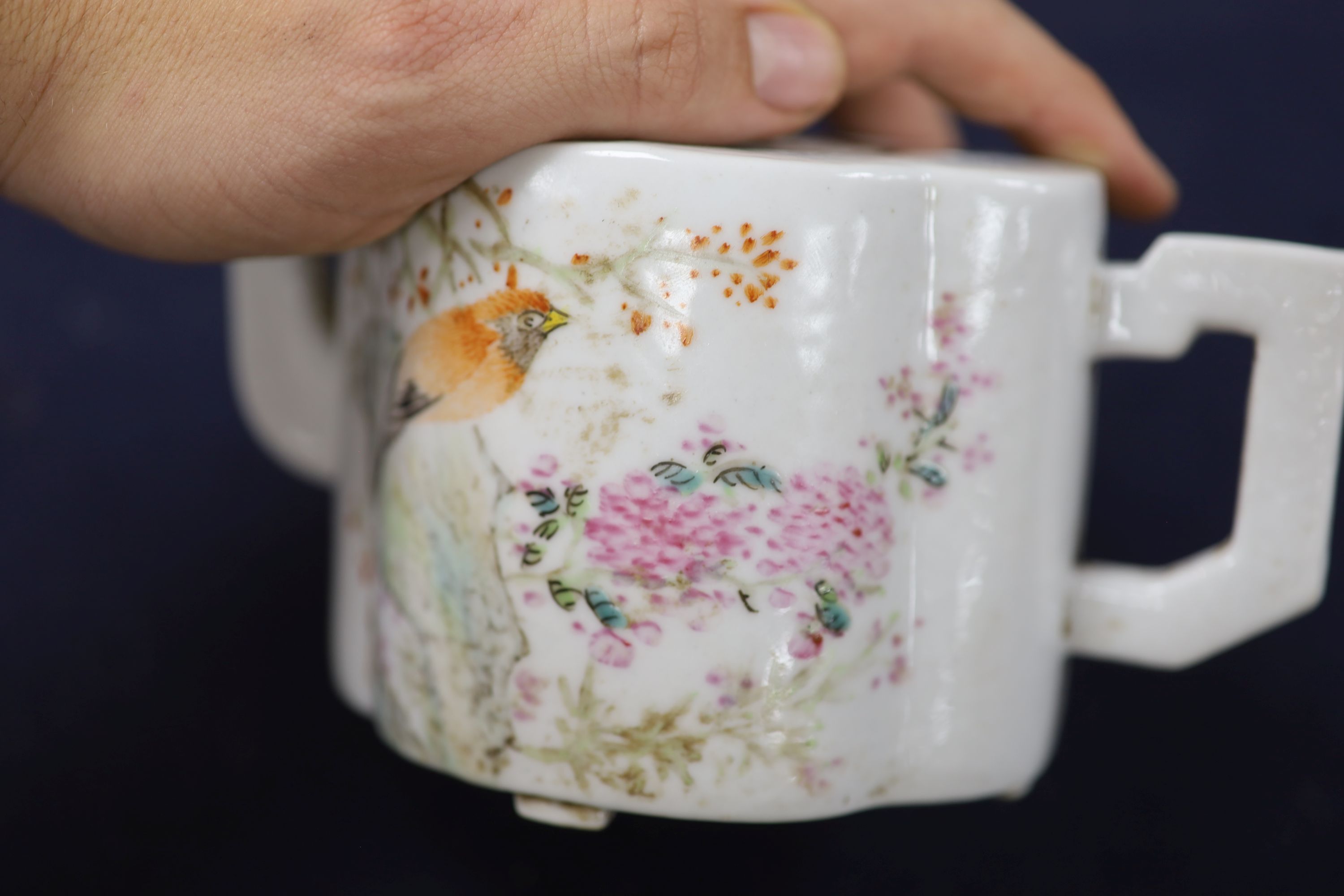 A Chinese famille rose quatre lobed teapot and cover, length 19cm